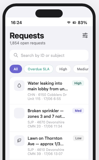 Service requests dashboard showing 1,854 open requests with priority badges