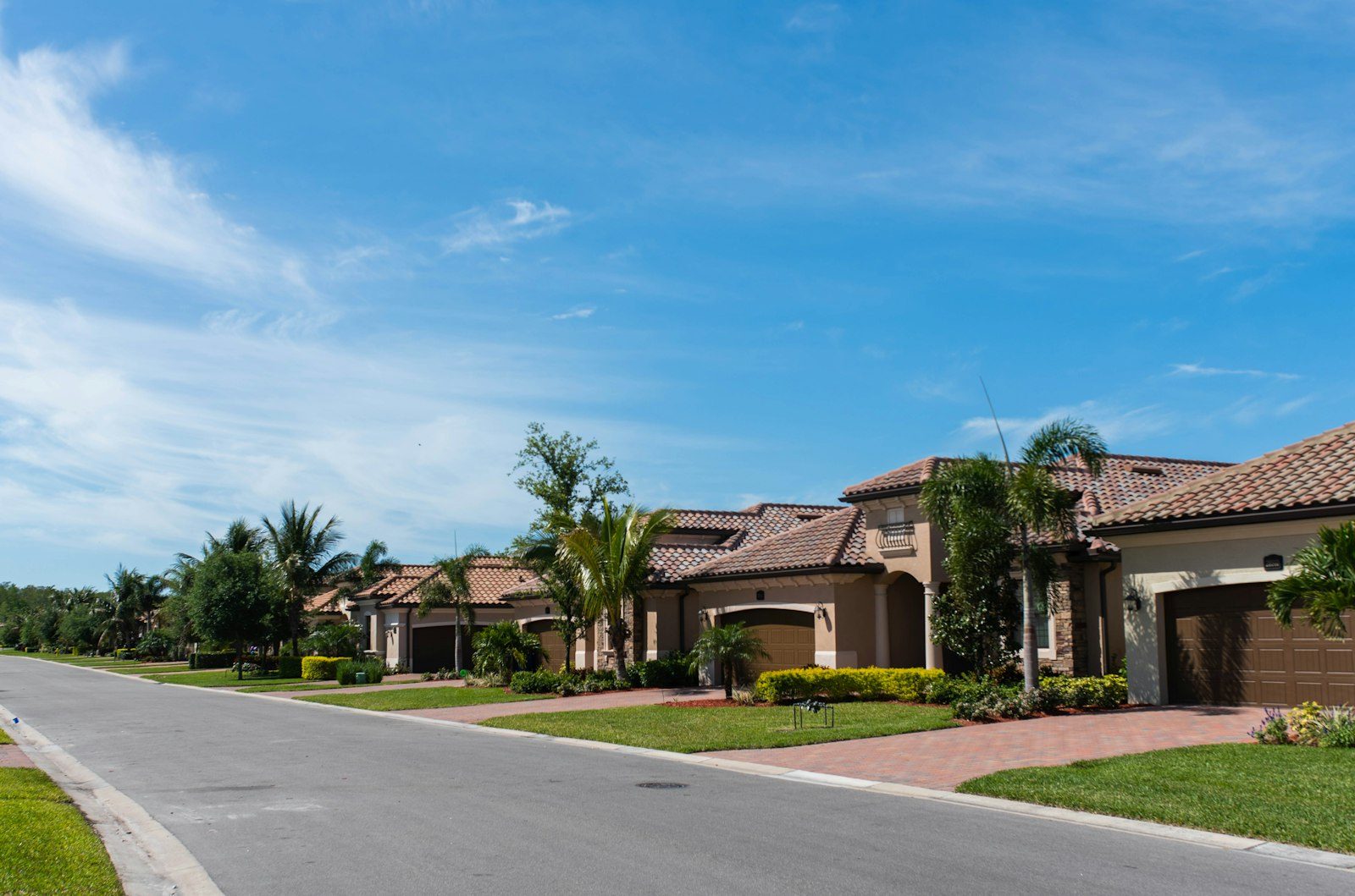 Landscaped neighborhood street with tiled-roof homes